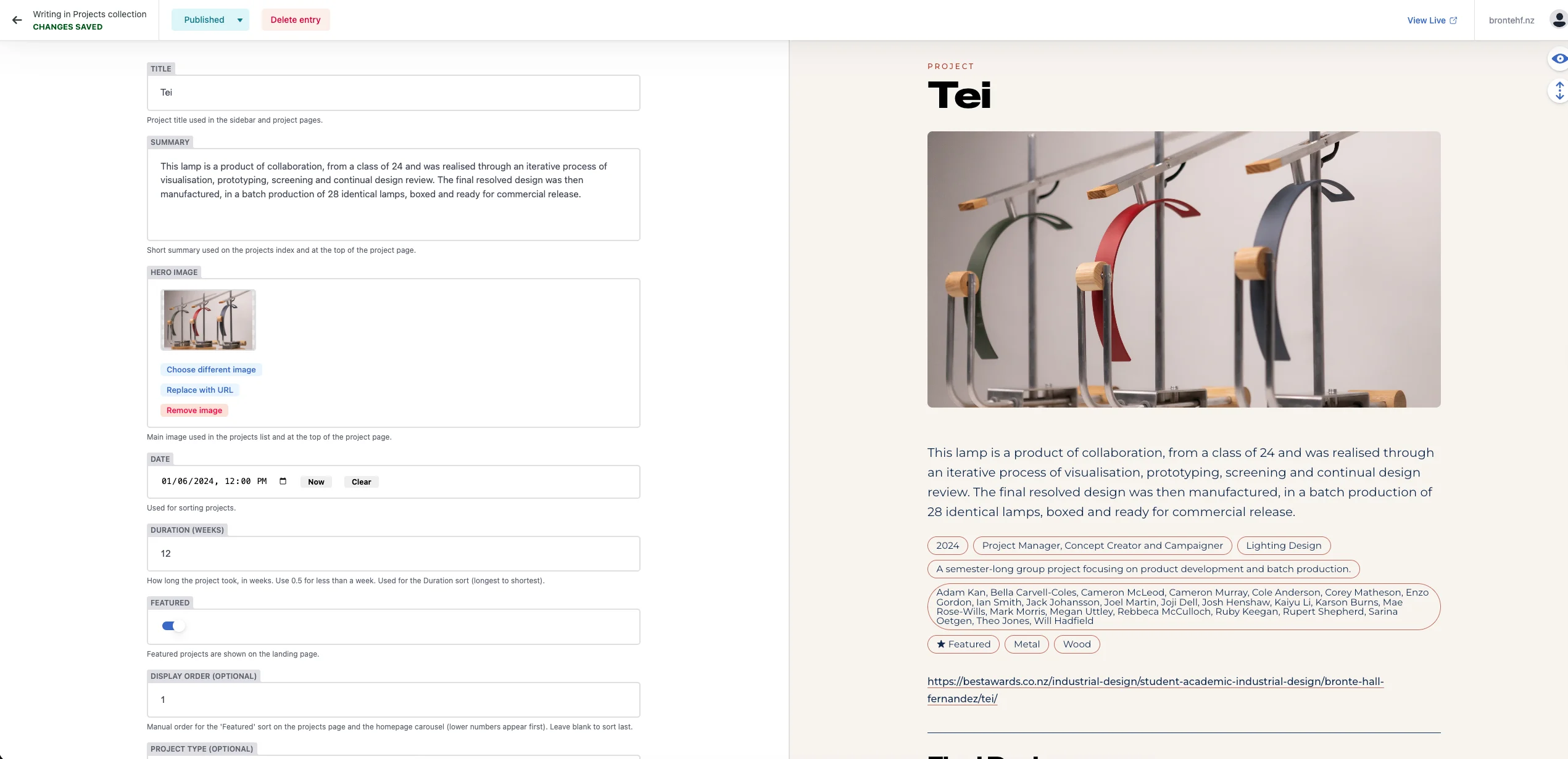 The BrontëHF project editor beside a live preview of the Tei project page.