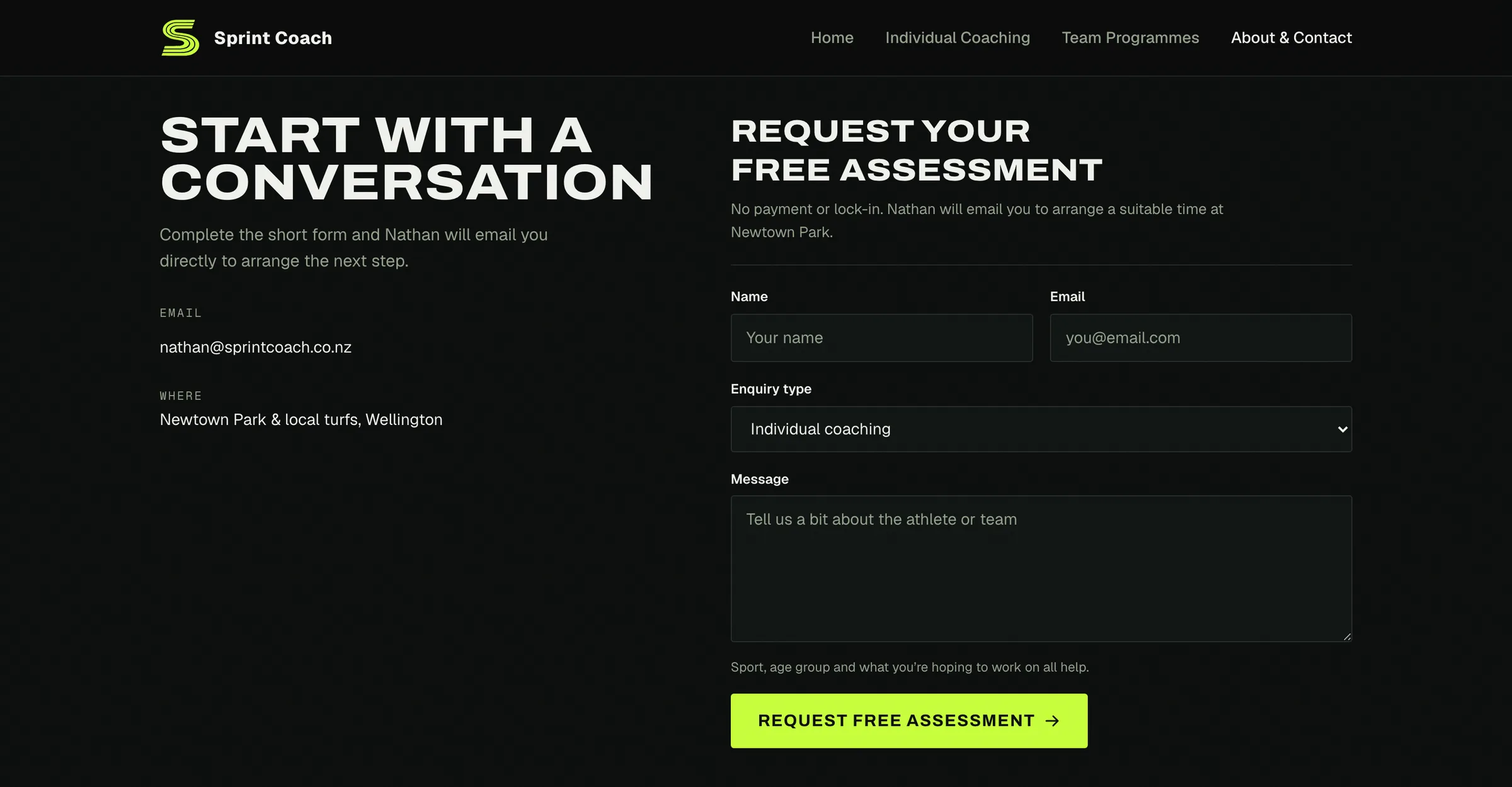 The Sprint Coach enquiry form, with name, email, enquiry type, and message fields beside the coach’s contact details.
